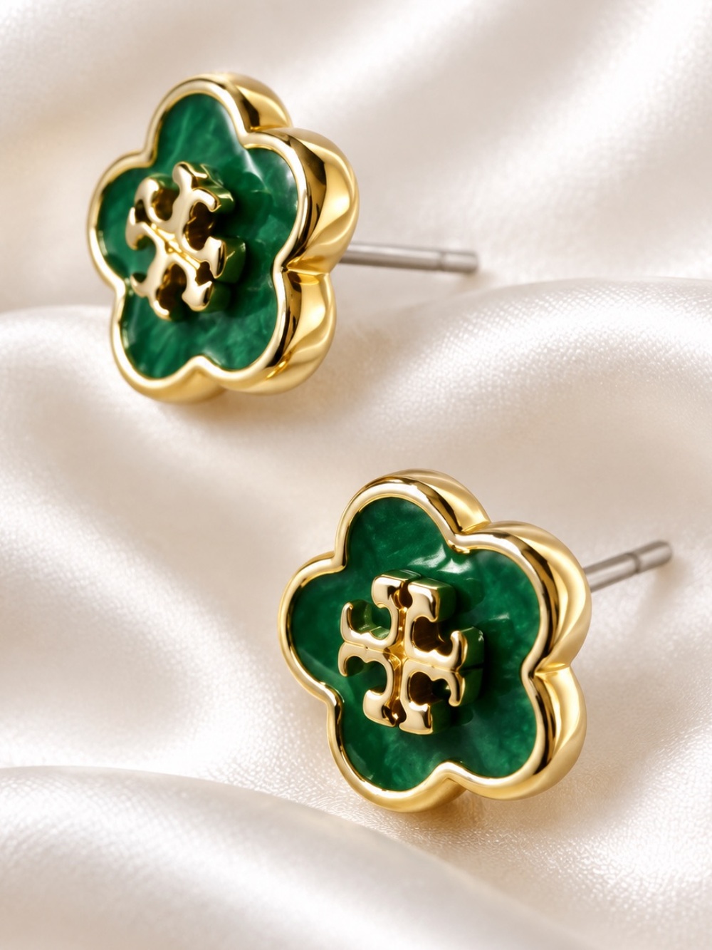 Gold-Tone Flower Stud Earrings with Green Enamel